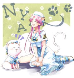 Rule 34 | 1girl, animal ears, animal hands, aria (manga), aria company uniform, aria pokoteng, beret, blue bow, blue bowtie, blue ribbon, blush, bow, bowtie, breasts, cat, cat day, cat ears, cat girl, cat tail, closed eyes, collarbone, commentary request, dress, eyelashes, full body, gloves, gold trim, green background, hair ornament, hair tubes, hat, hat ribbon, highres, mizunashi akari, nabana yuna, open mouth, parted bangs, paw gloves, paw print, pink hair, ribbon, shadow, short hair with long locks, short sleeves, side slit, sitting, small breasts, tail, thighs, two-tone background, wariza, white background, white cat, white dress, white headwear