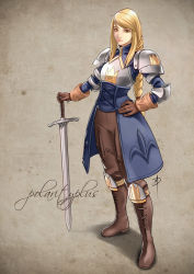 Rule 34 | 1girl, agrias oaks, armor, blonde hair, boots, braid, braided ponytail, breastplate, brown gloves, colorized, corset, cross-laced footwear, faulds, final fantasy, final fantasy tactics, full body, gloves, greyscale, hand on own hip, knee boots, knee pads, lace-up boots, long hair, monochrome, orange eyes, pauldrons, planted, planted sword, planted weapon, polarityplus, shoulder armor, signature, single braid, solo, swept bangs, sword, weapon, wrist cuffs