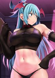 Rule 34 | 1girl, :o, aqua (konosuba), bikini, black bikini, black gloves, black hairband, blue eyes, blue hair, bow, bowtie, breasts, cleavage, clipboard, commentary request, crop top, demon girl, elbow gloves, facing viewer, fake wings, gloves, hairband, hand on own hip, head wings, highres, holding, holding clipboard, izawa (bhive003), kono subarashii sekai ni shukufuku wo!, large breasts, long hair, looking to the side, navel, parted lips, see-through, see-through cleavage, solo, stomach, swimsuit, underboob, wings