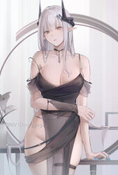 Rule 34 | 1girl, arknights, black dress, blue nails, breasts, cleavage, demon girl, demon horns, dress, ear piercing, groin, hair ornament, highres, horns, large breasts, looking at viewer, mudrock (arknights), mudrock (obsidian) (arknights), no panties, official alternate costume, piercing, pixiv id, pointy ears, red hair, revision, rifu (643763873), see-through, skindentation, solo, strap slip, thigh strap, watermark, web address