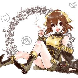 Rule 34 | 1girl, bow, brown eyes, brown hair, chibi, chibi inset, delthea (fire emblem), fire emblem, fire emblem echoes: shadows of valentia, fire emblem gaiden, hair bow, insarability, looking at viewer, lowres, nintendo, open mouth, simple background, sitting, skirt, smile, solo, thighs