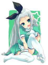 Rule 34 | 1boy, :3, apron, between legs, blend s, bokkusu, bow, dress, full body, gloves, green dress, green eyes, hair bow, hairband, hand between legs, kanzaki hideri, long hair, looking at viewer, male focus, open mouth, puffy sleeves, short eyebrows, short sleeves, silver hair, sitting, smile, soles, solo, stile uniform, thighhighs, trap, very long hair, waist apron, waitress, white gloves, white thighhighs