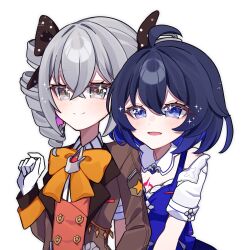 Rule 34 | 2girls, :d, black bow, black hair, blue eyes, blue hair, blush, bow, bronya zaychik, brown jacket, closed mouth, collared shirt, commentary request, drill hair, gloves, grey eyes, grey hair, hair between eyes, hair bow, highres, honkai (series), honkai impact 3rd, jacket, long sleeves, multicolored hair, multiple girls, open mouth, orange bow, pino (pino2452), polka dot, polka dot bow, red vest, seele vollerei, shirt, short sleeves, simple background, smile, sparkle, striped clothes, striped shirt, twin drills, twintails, two-tone hair, upper body, vertical-striped clothes, vertical-striped shirt, vest, white background, white gloves, white shirt