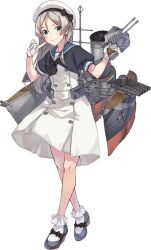 Rule 34 | 1girl, beret, black footwear, black neckerchief, blue eyes, blue sailor collar, blush, buttons, closed mouth, double-breasted, dress, finger to mouth, full body, gloves, grey hair, hat, javelin (kancolle), kantai collection, konishi (koconatu), long hair, looking at viewer, machinery, mary janes, neckerchief, official art, puffy short sleeves, puffy sleeves, rigging, sailor collar, sailor dress, sailor hat, shoes, short sleeves, smile, socks, solo, torpedo tubes, transparent background, turret, white dress, white gloves, white hat, white socks