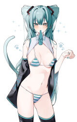 Rule 34 | 1girl, aqua eyes, aqua hair, aqua nails, bare shoulders, bikini, black thighhighs, blush, breasts, cat tail, cleavage, detached sleeves, hatsune miku, highres, long hair, mouth hold, navel, necktie, necktie in mouth, norisukexxy, paw print, simple background, solo, striped bikini, striped clothes, sweatdrop, swimsuit, tail, thighhighs, twintails, vocaloid, white background