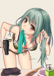 Rule 34 | 10s, 1girl, adjusting hair, artist name, bra, breasts, brown eyes, cleavage, collarbone, comb, dawn02, green hair, hair down, hair dryer, highres, kantai collection, leaning forward, long hair, looking at viewer, mouth hold, navel, panties, signature, simple background, solo, tying hair, underwear, underwear only, wet, wet hair, yuubari (kancolle)
