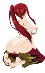 Rule 34 | 1girl, absurdres, ass, barefoot, bikini tan, blush, breasts, clothes pull, dkir, erza scarlet, fairy tail, feet, hair over one eye, high ponytail, highres, large breasts, lip biting, long hair, looking at viewer, looking back, nipples, pants, pants pull, ponytail, puffy areolae, puffy nipples, red hair, sarashi, sideboob, sitting, soles, solo, tan, tanline, toes, transparent background