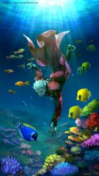 Rule 34 | 1boy, absurdres, archer (fate), caustics, coral, coral reef, dark skin, dark-skinned male, diving, fate/stay night, fate (series), fish, highres, jacket, kim yura (goddess mechanic), male focus, red jacket, scenery, solo, swimming, underwater, water, white hair