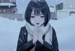 Rule 34 | 1girl, absurdres, bandaid, bandaid on face, bandaid on hand, black hair, black jacket, blue eyes, blush, breath, building, commentary, day, english commentary, half-closed eyes, hands up, highres, house, jacket, long sleeves, looking down, open mouth, original, outdoors, sakiika0513, scarf, short hair, sky, snow, snowing, solo, upper body, white scarf