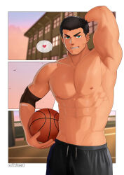 Rule 34 | 1boy, abs, absurdres, arm behind head, artist name, ball, bara, basketball (object), black hair, black shorts, green eyes, highres, holding, holding ball, large pectorals, male focus, mikicat, muscular, muscular male, navel, nipples, original, pectorals, short hair, shorts, smile, solo, teeth, topless male