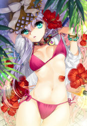 Rule 34 | 1girl, aqua eyes, bad id, bad pixiv id, bikini, bikini pull, bikini top lift, bracelet, breasts, cherrypin, clothes lift, clothes pull, colorful, crescent, flower, gradient hair, hair flower, hair ornament, hat, hibiscus, highres, jewelry, lifting own clothes, lips, long hair, lying, multicolored hair, navel, necklace, on back, open clothes, open shirt, original, petals, shirt, side-tie bikini bottom, solo, straw hat, swimsuit, sword girls