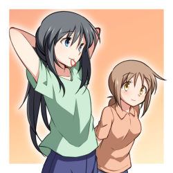 Rule 34 | 2girls, arms up, black hair, blue eyes, blue shorts, border, breasts, brown hair, closed mouth, commentary request, dairi, green shirt, hair tie, leaning forward, long hair, looking at another, mouth hold, multiple girls, orange background, orange shirt, original, ponytail, shirt, short sleeves, shorts, small breasts, smile, tying hair, upper body, white border, wing collar, yellow eyes, yuri
