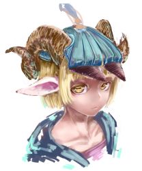 Rule 34 | 1girl, animal ears, blonde hair, blue hat, blue jacket, blunt bangs, closed mouth, goat ears, goat girl, goat horns, hat, horizontal pupils, horns, jacket, jaco, looking at viewer, monster girl, multiple horns, original, pink shirt, portrait, shirt, short hair, simple background, sketch, solo, white background, yellow eyes