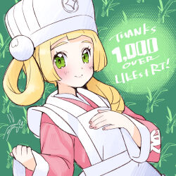 Rule 34 | 1girl, apron, blonde hair, blunt bangs, blush, closed mouth, cosplay, creatures (company), eyelashes, game freak, green background, green eyes, hair rings, hat, highres, japanese clothes, kimono, kinocopro, lillie (pokemon), long hair, long sleeves, looking at viewer, milestone celebration, nintendo, pesselle (pokemon), pesselle (pokemon) (cosplay), pink kimono, pokemon, pokemon legends: arceus, pokemon sm, smile, solo, thank you, upper body, white apron, white hat