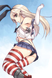Rule 34 | 10s, 1girl, black panties, blonde hair, blush, elbow gloves, gloves, hairband, kantai collection, long hair, looking at viewer, mikage sekizai, panties, pantyshot, personification, rensouhou-chan, shimakaze (kancolle), skirt, solo, striped clothes, striped thighhighs, thighhighs, underwear, upskirt, white gloves