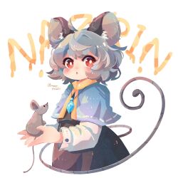 Rule 34 | 1girl, animal, animal ears, black dress, blue capelet, blush, capelet, dress, grey hair, highres, holding, holding animal, jewelry, long sleeves, looking at viewer, mame komari, mouse (animal), mouse ears, mouse tail, nazrin, open mouth, pendant, red eyes, short hair, simple background, solo, tail, thick eyebrows, touhou, twitter username, white background