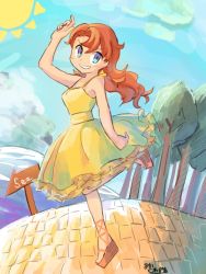 Rule 34 | 1girl, ankle lace-up, bad id, bad pixiv id, blue eyes, blush, breasts, cross-laced footwear, curly hair, dragon quest, dragon quest vii, dress, english text, long hair, looking at viewer, maribel (dq7), red hair, sandals, smile, solo
