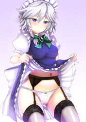 Rule 34 | 1girl, black thighhighs, blue eyes, blush, bow, bow panties, braid, breast padding, cameltoe, clothes lift, commentary request, ebi 193, garter belt, garter straps, izayoi sakuya, lace, lace-trimmed legwear, lace trim, maid, maid headdress, navel, panties, short hair, silver hair, skirt, skirt lift, solo, thighhighs, touhou, twin braids, underwear, upskirt, white panties