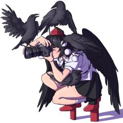Rule 34 | 1girl, animal, animal on head, bird, bird on head, black hair, black skirt, black wings, camera, closed eyes, closed mouth, crow, full body, geta, hat, highres, holding, holding camera, mefomefo, on head, pom pom (clothes), puffy short sleeves, puffy sleeves, shadow, shameimaru aya, shirt, short hair, short sleeves, simple background, skirt, solo, squatting, taking picture, tengu-geta, tokin hat, touhou, white background, white shirt, wings