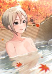 Rule 34 | 1girl, absurdres, autumn leaves, bamboo fence, bathing, black eyes, blush, breasts, collarbone, commentary request, completely nude, fence, highres, idolmaster, idolmaster cinderella girls, leaf, light brown hair, maple leaf, medium breasts, nude, onsen, partially submerged, reflection, shiomi syuko, short hair, smile, solo, t.r, tree, water