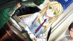 Rule 34 | 1boy, 2girls, alice soft, blonde hair, breasts, chair, game cg, green eyes, long hair, looking up, multiple girls, necktie, paper, rance09: the helman revolution, siera helman, sitting, small breasts, smile, solo focus, standing, table, writing