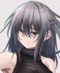Rule 34 | 1girl, arknights, bare shoulders, commentary, green eyes, grey background, grey hair, greythroat (arknights), hair between eyes, hane (8ne k), infection monitor (arknights), long hair, looking at viewer, parted lips, portrait, shirt, simple background, sleeveless, sleeveless shirt, solo