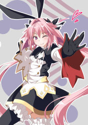 Rule 34 | 1boy, astolfo (fate), astolfo (saber) (fate), astolfo (saber) (third ascension) (fate), black bow, black bowtie, black dress, black gloves, black pantyhose, black ribbon, blush, bow, bowtie, buttons, closed mouth, dress, fang, fate/grand order, fate (series), frills, gloves, hair between eyes, hair bow, hair intakes, hair ribbon, highres, juliet sleeves, kochipu, layered skirt, long hair, long sleeves, looking at viewer, low twintails, male focus, multicolored hair, one eye closed, outstretched arms, pantyhose, pink hair, puffy sleeves, purple eyes, ribbon, skirt, smile, solo, streaked hair, trap, twintails, white hair, white skirt, wide sleeves, wing collar