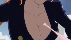 Rule 34 | 1girl, animated, animated gif, black jacket, blazer, breasts, cleavage, collarbone, female focus, heart, jacket, large breasts, long hair, long sleeves, lowres, nami (one piece), one piece, orange hair, punk hazard, running, solo