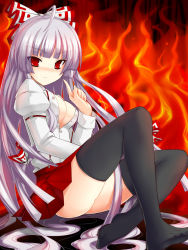 Rule 34 | 1girl, adapted costume, ahoge, bad id, bad pixiv id, blunt bangs, blush, bow, breasts, cleavage, female focus, fire, fujiwara no mokou, hair bow, highres, hime cut, large breasts, legs, long hair, looking at viewer, no shoes, open clothes, open shirt, pointing, pointing up, red eyes, seductive smile, shirt, sitting, skirt, smile, solo, thighhighs, touhou, tsukumiya amane, tsurime, very long hair, zettai ryouiki
