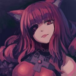 Rule 34 | 1girl, animal ears, artificial eye, bad id, bad twitter id, blunt bangs, cat ears, closed mouth, commentary request, copyright request, head tilt, highres, lipstick, long hair, looking at viewer, makeup, mechanical eye, red eyes, red hair, red lips, reiesu (reis), smile, solo, stella hoshii, upper body, va-11 hall-a