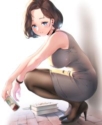 Rule 34 | 1girl, black choker, black footwear, blue eyes, blush, book, breasts, brown hair, brown pantyhose, can, canned coffee, choker, commentary, dress, drink can, earrings, grey dress, high heels, highres, jewelry, large breasts, long hair, looking at viewer, mature female, medium hair, muto (uadocjon 21), original, pantyhose, parted lips, solo, squatting