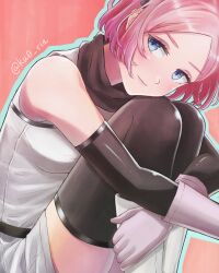 Rule 34 | 1girl, absurdres, blue eyes, choujin x, elbow gloves, fetal position, gloves, hair ornament, highres, jumpsuit, kuo ria, light blush, momoma maiko (choujin x), pink background, pink hair, short shorts, shorts, sleeveless jumpsuit, solo, thighhighs, twitter username, white footwear, white gloves, white jumpsuit