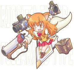 Rule 34 | 1girl, animal ears, artist request, blush, blush stickers, bow, bowtie, cape, character name, dog days, dog ears, grin, gun, long hair, one eye closed, open mouth, orange eyes, orange hair, ricotta elmar, skirt, smile, sweater vest, tail, weapon, wink