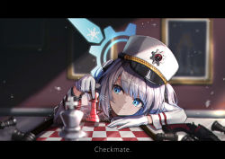 Rule 34 | 1girl, absurdres, black ribbon, blue archive, blue eyes, blurry, board game, cherino (blue archive), chess, chess piece, chessboard, coat, depth of field, english text, gas-seal revolver, gloves, gun, hair ribbon, halo, handgun, hat, highres, holding, holding chess piece, indoors, kogane ringo, letterboxed, light particles, light rays, long hair, long sleeves, looking to the side, military hat, nagant m1895, picture frame, revolver, ribbon, shako cap, smile, solo, sunbeam, sunlight, table, two side up, weapon, white coat, white gloves, white hair, white hat