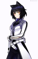 Rule 34 | 1girl, animal ears, belt, black hair, blake belladonna, breasts, catsuit, closed mouth, eyeshadow, highres, light smile, looking at viewer, makeup, medium breasts, noratanukimaru, pale skin, partially unzipped, rwby, short hair, simple background, solo, tailcoat, upper body, white background, yellow eyes, zipper, zipper pull tab