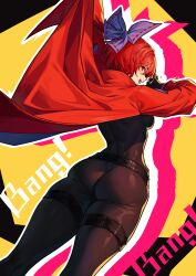Rule 34 | 1girl, akatsuki records, ass, belt, blue bow, bodysuit, bow, breasts, cape, duplicate, from below, gloves, hair bow, highres, joker (stjoker), large breasts, latex, latex bodysuit, latex gloves, latex suit, looking back, open mouth, outline, profile, red cape, red eyes, red hair, rock &#039;n&#039; rock &#039;n&#039; beat, sekibanki, short hair, simple background, solo, thigh strap, touhou, white outline