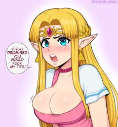 Rule 34 | 1girl, afrobull, angry, aqua eyes, artist name, blonde hair, blush, breasts, bursting breasts, cleavage, collarbone, commentary, dress, earrings, english commentary, english text, eyebrows, eyelashes, frustrated, gem, gradient background, hair intakes, jewelry, large breasts, long hair, long pointy ears, looking at viewer, motion lines, necklace, nintendo, open mouth, parted bangs, patreon username, pearl necklace, pink dress, pointy ears, princess zelda, profanity, red gemstone, round teeth, short sleeves, sidelocks, simple background, skindentation, solo, speech bubble, tearing up, tears, teeth, the legend of zelda, the legend of zelda: a link between worlds, tiara, tongue, triangle earrings, triforce, upper body