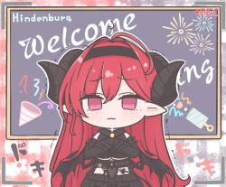 Rule 34 | 1girl, azur lane, black gloves, black hairband, black skirt, black wings, chalkboard, character name, chibi, chibi only, commentary request, demon girl, demon horns, demon tail, demon wings, elbow gloves, english text, fireworks, futaba (anti clockwise), gloves, hairband, hindenburg (azur lane), horns, long hair, looking at viewer, nejikirio (style), pointy ears, recording, red eyes, red hair, skirt, tail, very long hair, viewfinder, wings