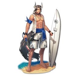 Rule 34 | 1boy, abs, animal ears, arknights, artist request, bandana, bara, bare pectorals, cow boy, cow ears, cow horns, cow tail, dagger, full body, holding, holding dagger, holding knife, holding surfboard, holding weapon, horns, jacket, jewelry, knife, large pectorals, looking at viewer, male focus, male swimwear, matterhorn (arknights), matterhorn (beach guard) (arknights), medium hair, muscular, muscular male, navel, necklace, nipples, non-web source, official alternate costume, official art, open clothes, open jacket, pectorals, see-through, shorts, solo, source request, stomach, surfboard, swim trunks, swimsuit, tail, weapon, white background, white male swimwear, white shorts, white swim trunks