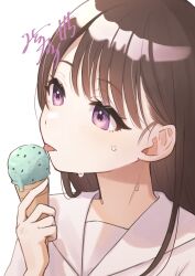 Rule 34 | 1girl, brown hair, choppy bangs, food, hair behind ear, highres, holding, holding ice cream cone, ice cream, ice cream cone, long hair, looking ahead, mint, mitora nao, original, parted lips, purple eyes, sailor collar, shirt, simple background, solo, sweat, tongue, tongue out, upper body, white background, white sailor collar, white shirt