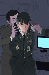 Rule 34 | 1girl, 3boys, arms behind back, black necktie, blood, blood on face, collared shirt, commentary request, epaulettes, grimace, gun, handgun, highres, holding, holding phone, korean commentary, military, military uniform, monitor, multiple boys, name tag, necktie, original, phone, pointing gun, republic of korea army, restrained, ribbon, shirt, teeth, threat, uniform, wani (perfect han), weapon, white shirt