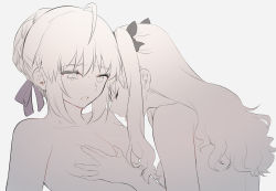 Rule 34 | 2girls, ahoge, artoria pendragon (fate), blush, bow, braid, grabbing another&#039;s breast, breasts, commentary request, fate/stay night, fate (series), grabbing, greyscale, hair bow, hair ribbon, highres, long hair, monochrome, multiple girls, nude, open mouth, ribbon, saber (fate), short hair, small breasts, suzuakks, sweat, tearing up, tohsaka rin, yuri