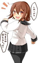 Rule 34 | 10s, 1girl, :d, ^^^, black pantyhose, black skirt, blush, brown eyes, brown hair, fang, from behind, hair ornament, hairclip, highres, ikazuchi (kancolle), kantai collection, long sleeves, looking at viewer, looking back, open mouth, panties, pantyhose, pleated skirt, sailor collar, school uniform, serafuku, short hair, simple background, skirt, smile, solo, translation request, underwear, white background, yamato (muchuu paradigm)