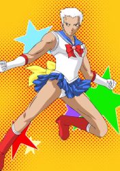 Rule 34 | 1boy, archer (fate), bishoujo senshi sailor moon, blue sailor collar, blue skirt, boots, bow, brown eyes, cosplay, crossdressing, crossover, dark skin, dark-skinned male, fate/stay night, fate (series), gloves, knee boots, magical girl, male focus, panties, parody, red bow, sailor collar, sailor moon, sailor moon (cosplay), school uniform, short hair, skirt, solo, underwear, what, white gloves, white hair, white panties