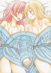 Rule 34 | 10s, 2girls, :d, bare legs, bare shoulders, blonde hair, blush, breasts, cleavage, collarbone, eye contact, eyebrows, fang, female focus, from above, hair down, holding hands, interlocked fingers, japanese clothes, kimono, legs, long hair, looking at another, lying, mahou shoujo madoka magica, mahou shoujo madoka magica (anime), medium breasts, multiple girls, neck, off shoulder, on back, open mouth, parted lips, red eyes, red hair, round teeth, sakura kyoko, small breasts, smile, takeshisu, teeth, tomoe mami, traditional media, yellow eyes, yukata, yuri