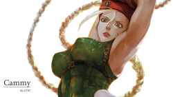 Rule 34 | 1girl, 21yc (september breeze), abs, armpits, belt, beret, blonde hair, blue eyes, braid, cammy white, covered navel, covered erect nipples, from below, gloves, groin, hat, highres, leotard, lips, long hair, solo, street fighter, twin braids, white background