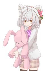 Rule 34 | 1girl, ahoge, animal ears, animal hood, assault lily, black thighhighs, blush, brown skirt, buttons, closed mouth, collared shirt, commentary, cowboy shot, hugging doll, fake animal ears, flower, fur jacket, grey hair, grey jacket, gumoyu, hair between eyes, highres, holding, holding stuffed toy, hood, hood up, hooded jacket, jacket, light smile, long hair, long sleeves, looking at viewer, miniskirt, multicolored hair, hugging object, open clothes, open jacket, pink flower, plaid, plaid skirt, purple shirt, sasaki ran, shirt, simple background, skirt, solo, standing, streaked hair, stuffed animal, stuffed rabbit, stuffed toy, thighhighs, v arms, white background, yellow eyes, zettai ryouiki