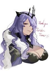 Rule 34 | 1girl, breasts, camilla (fire emblem), camilla (light of nohr) (fire emblem), cleavage, closed mouth, commentary, commission, english commentary, eyelashes, fire emblem, fire emblem fates, fire emblem heroes, fur trim, hair over one eye, highres, large breasts, light smile, long hair, looking at viewer, loose hair strand, misokatsuhaumai, nintendo, official alternate costume, parted bangs, purple eyes, purple hair, simple background, solo, thank you, tiara, upper body, white background