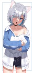 Rule 34 | 1girl, absurdres, animal ear fluff, animal ears, black choker, black shorts, blue eyes, blue hair, breasts, capelet, cat ears, choker, collarbone, commentary request, eyes visible through hair, grey hair, hair ornament, hair over one eye, hairclip, highres, jacket, kaga sumire, kiaoekakishitai, long sleeves, looking at viewer, multicolored hair, open clothes, open jacket, open mouth, puffy long sleeves, puffy sleeves, short shorts, shorts, simple background, sleeves past wrists, small breasts, solo, two-tone hair, virtual youtuber, vspo!, white background, white capelet, white jacket, x hair ornament