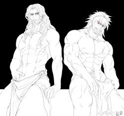 Rule 34 | 2boys, abs, absurdres, alternate muscle size, anjingkuxiao, bara, beard, come hither, covering privates, cross scar, facial hair, fate/apocrypha, fate/extra, fate/grand order, fate (series), greyscale, highres, large pectorals, long hair, looking at viewer, male focus, mature male, monochrome, multiple boys, muscular, muscular male, navel hair, nipples, nude cover, pectorals, scar, scar on arm, scar on chest, scar on leg, seductive smile, short hair, sideburns, smile, spot color, stomach, thick thighs, thighs, topless male, vlad iii (fate/apocrypha), vlad iii (fate/extra)